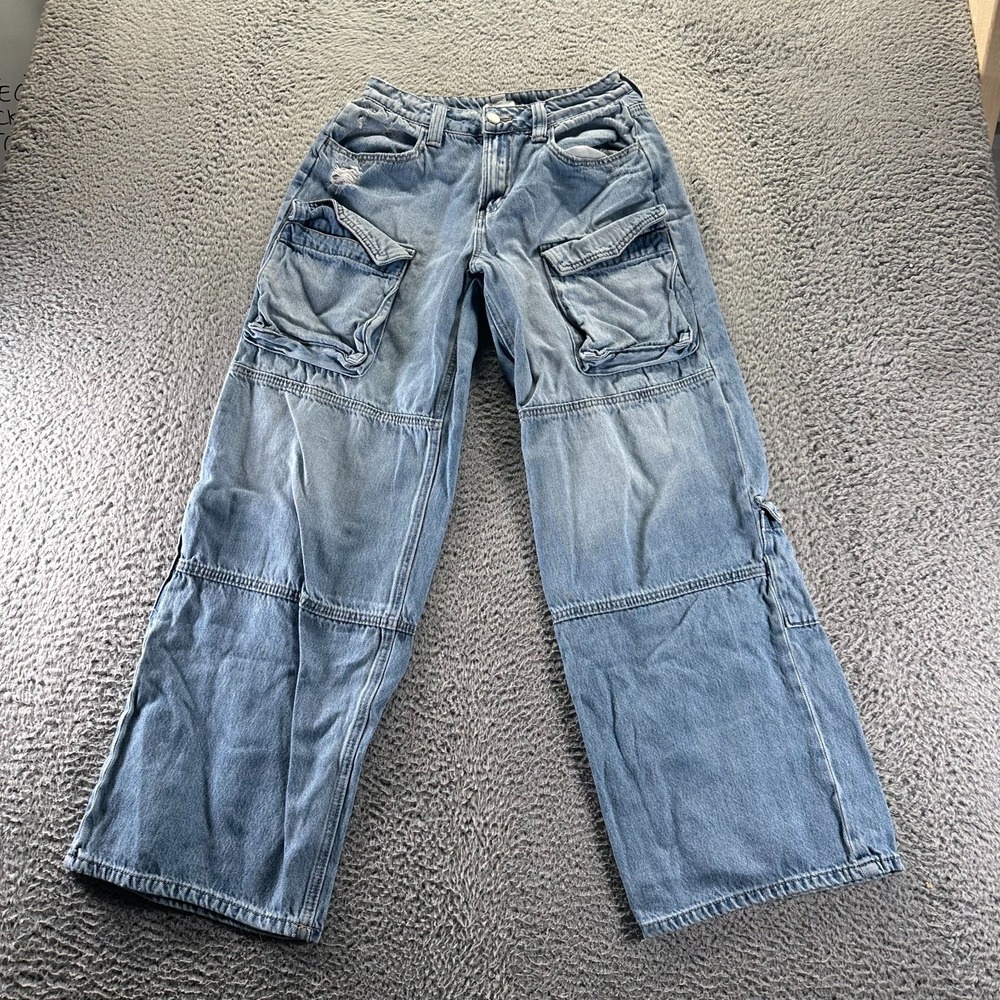 Forever 21 Jeans Womens 27x30 Blue Cotton Denim Wide Leg Cargo Faded Workwear